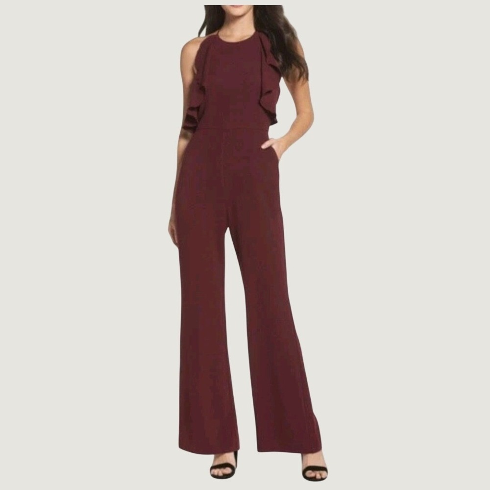Charles Henry Burgundy Red Halter Wide Leg Jumpsuit Wedding Homecoming Large